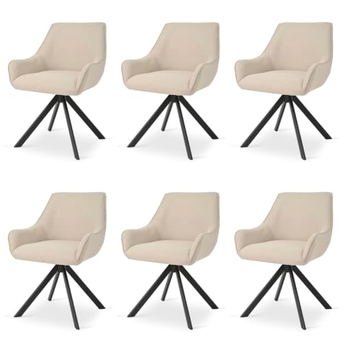Image of Set of 6 Chairs 360 Degree Rotating Stylish, Modern, Elegant & Comfortable Linen Fabric Arms Chairs for Dinning Living Hotel Cafe (2 Chairs) (Beige Linen Set of 6)