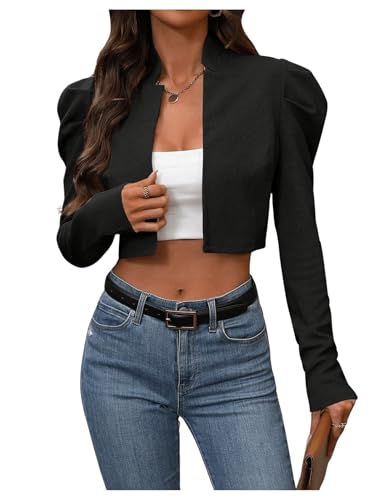 MakeMeChic Women's Business Casual Blazers Long Puff Sleeve Open Front Work Office Cropped Blazer Suit Jacket