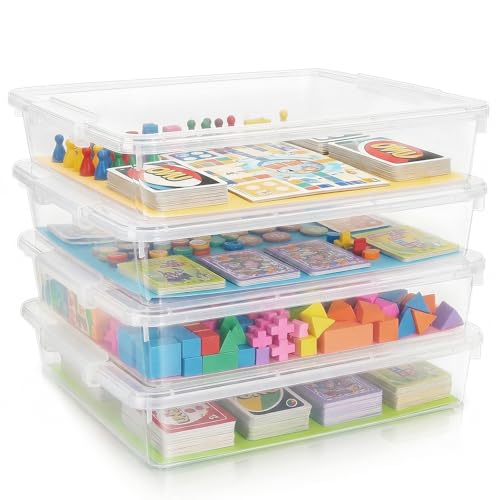 FAAYUCK 4 Pack Board Game Storage Large Plastic Storage Bins with Latching Lid (14x13.5x3.15 in) Stackable Paper Storage Box for 12x12 Paper Board Game Art Supply Puzzle Documents