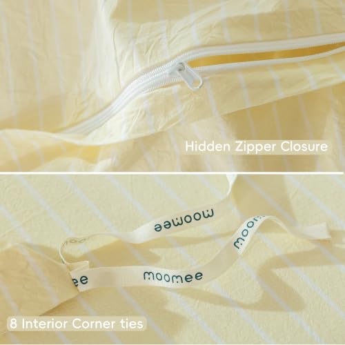 Image of MooMee Striped Duvet Cover Set 100% Washed Cotton Linen Like Queen | Relaxed Linen-like Texture. Soft, Breathable & Long-lasting Comfort. Lightweight. Hidden Zipper with 8 Interior Corner Ties