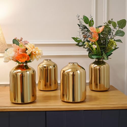 Image of BEHOMA Metal Flower Vase Set of 4, Gold | Modern Metal flower vase in Gold - for fresh or artificial flower displays for living room - great wedding gift (Set of 4)