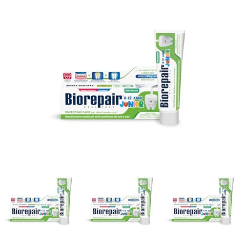 Biorepair, Dentifricio Junior 6-12 anni, Dentifricio per Bambini senza Fluoro, con Vitamina E, Antiossidante, per Gengive Sane, Rinfrescante Gusto Menta, 75 ml (Confezione da 4)