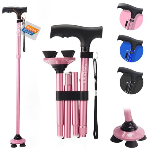 ビグアレクス(BigAlex)折りたたみ杖 ステッキ 自立杖 ピンク女性 5段階調節 おしゃれ 倒れない 高齢者 介護 軽量 アルミ 長さ調整可能 歩行支援 母の日 父の日 敬老の日 プレゼント (86-96センチ, ピンク)