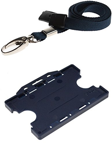Identity-Plus: Navy Blue Lobster Clip Safety Breakaway Lanyard with Navy Blue Dual Double Sided Landscape ID Card Holder (100)