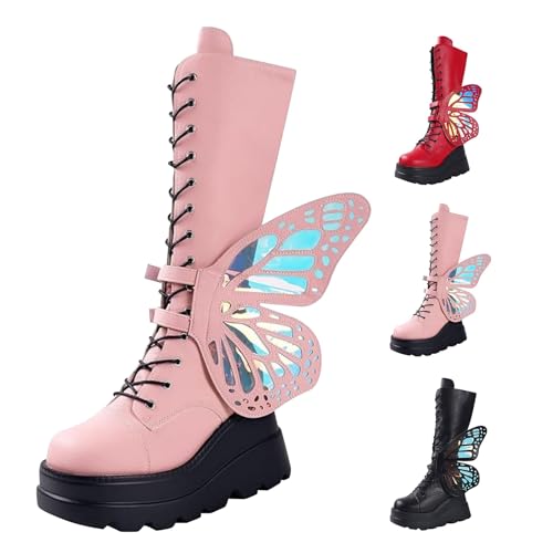 Botas de plataforma para mujer, punk, góticas, de media pantorrilla, tacón bajo, con cordones, con cremallera lateral, a la moda, alas de mariposa, botas de combate para motocicleta, rosa claro, 39.5
