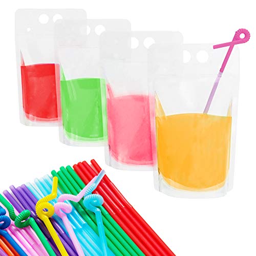 100 PCS Heavy Duty Zipper Drink Pouches Reclosable Stand-up Bags with 100 Pcs Reusable Drink Straws for Smoothie, Cold & Hot Drinks