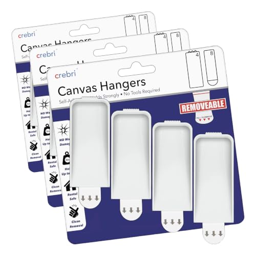 Image of Canvas Hangers for Walls - Painting Hangers, Removable Wall Art Hanger (4 Hooks, 8 Strips) Holds up to 18 x 24 canvases 3-4 lbs (Pack of 3)
