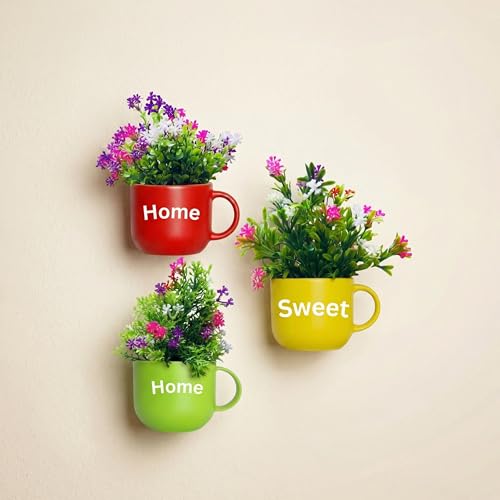 Image of Dekorly Wall Hanging Mug Planters with Artificial Flowers (20CM) - Decorative Hanging Cups, Colorful Floral Wall Decor for Living Room Bedroom Balcony Office Gift Set (3, Home Sweet Home)