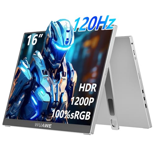 Image of WUAWE 120Hz Portable Monitor, 100% sRGB 16 Inch Portable Gaming Monitor with Built-in Stand, HDR and Freensync, External USB C Monitor for Laptop, PC, Phone, Switch and PS5 (Silver)