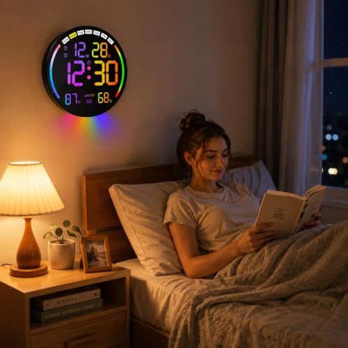 Image of HOME SKILL 10 inch RGB Digital Alarm Wall Clock Table Clock with Remote, Auto Dimmer,Temperature, Humidity, Dual Alarms, for Living Room, Gym, Garage, Gift, Home Decor (RGB Round WALL Clock)