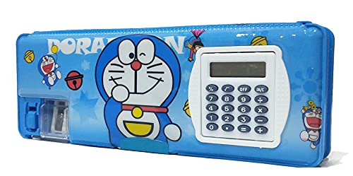 Shifaa Enterprise Multipurpose Magnetic Pencil Box with Calculator & Dual Sharpener for Girls & Boys for School | Big Size Cartoon Printed Pencil Case for Kids (Doraemon Blue)