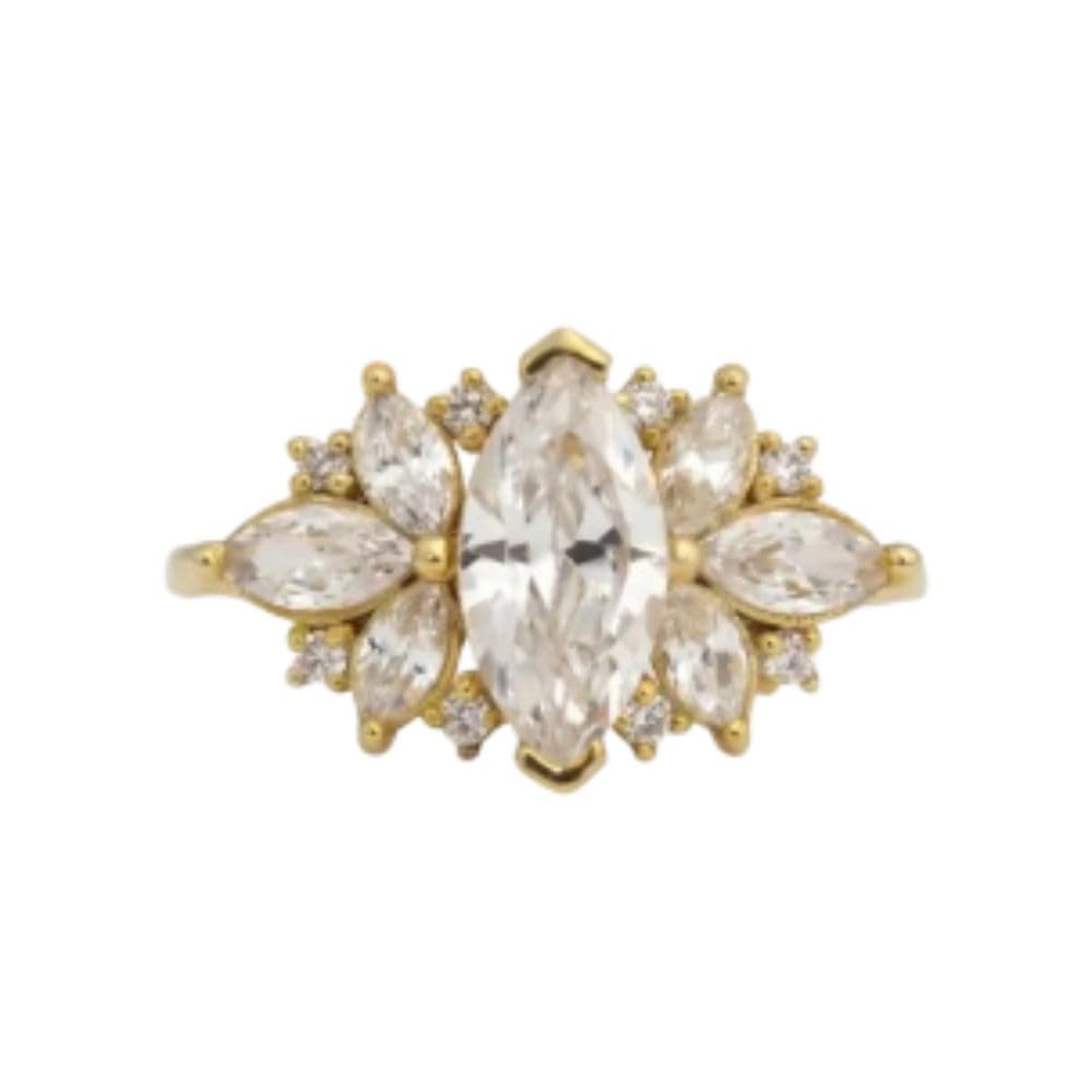 2 Ct Marquise Diamond Delicate Cluster Prong Set Antique Stacking Vintage Style Luxurious Cocktail Engagement Ring For Women 14K Yellow Gold Plated 925 Sterling Silver Handmade Ring