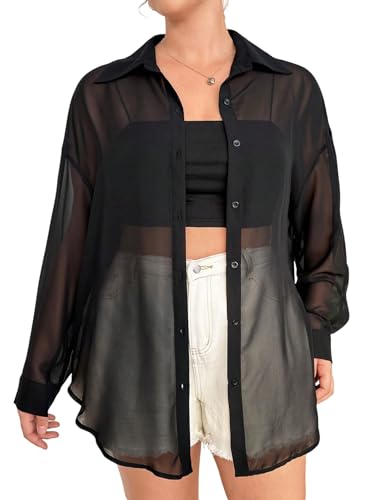 GORGLITTER Damen Transparente Bluse Luftig Hemdshirt Curvy Blusen Casaul Oberteil Oversized Hemdbluse Cardigan mit Drop Shoulder Schwarz 0XL