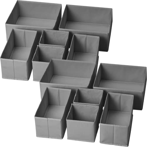 Image of 12 Pack Hat Boxes, Clothes Underwear Drawer Organizer Divider, Premium Fabric Foldable Dresser Organizers and Storage for Baby Clothes, Undies, Bra, Sock, Lingerie, Ties (Grey)