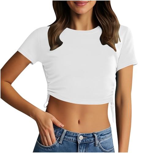 Womens Crop Tops Summer Fashion Teen Girls Y2K Going Out Tops Short Sleeve Slim Fit Casual Workout Tshirts Blouses