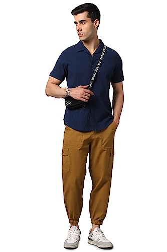 Image of Hubberholme Men's Regular Fit Cotton Trousers, Ankle Length Button Closure Elasticated Waist Cargo Joggers