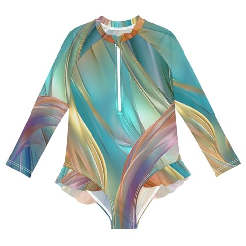 Girls One Piece Swimsuits Long Sleeve Swimsuit Zipper Bathing Suits Colorful Abstract Neon
