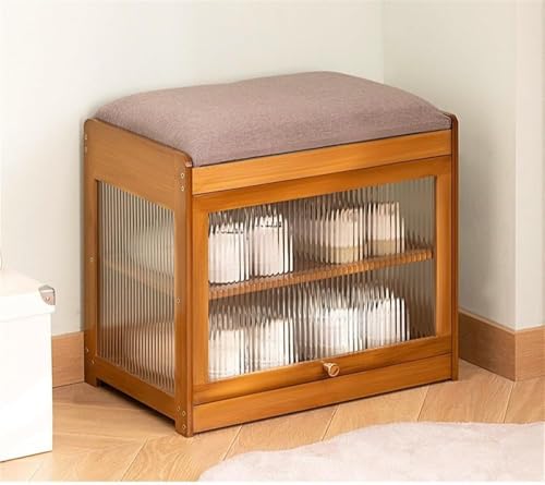 Banco zapatero de bambú con cojín, taburete de almacenamiento de madera de 2 niveles para entrada, zapatero pequeño, muebles de pasillo (marrón, 19.7 x 12.6 x 16.9 pulgadas)