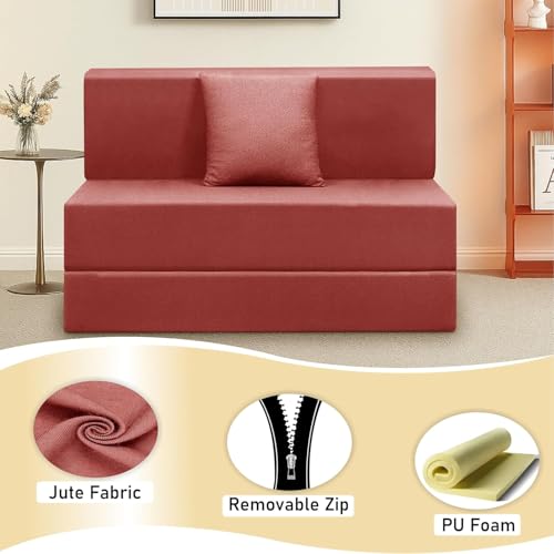 Image of Foldable 1-Seater, 3X6 Sofa Bed | Convertible Sofa Cum Bed with Cushion Jute Fabric Perfect for Living Rooms & Guest Rooms - Red