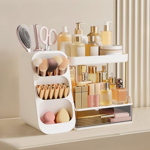 Image of HBlife Bathroom Organizers and Storage with Brush Holder for Vanity, 3 Tier Plastic Makeup Organizer for Dresser Counter, Skincare, Lipstick, Perfume, and Cosmetic Storage
