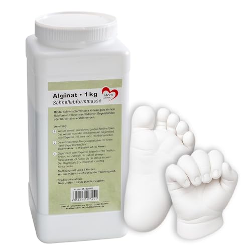 Ideen mit Herz | Alginato | Masa de moldeo rápido para huellas de manos, huellas o huellas de objetos | para parejas, familias, niños, bebés | polvo para mezclar con agua | 1 kilogramo