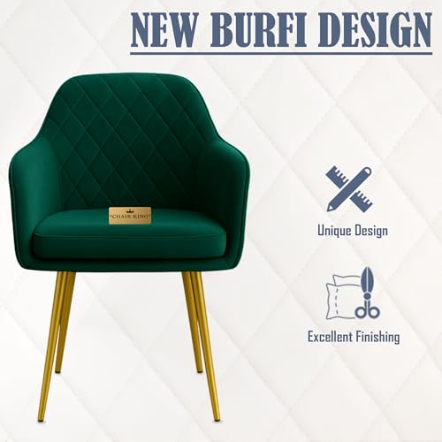Image of Barfi Velvet Dining Chair | Set of 2 Premium Modern Upholstered Accent Chair with Armrest, Padded Seat and Metal Legs | Comfy Chair for Home, Office & Restaurents | (Green with Puffy)