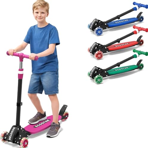3 Wheel Kids Kick Scooter for Ages 3-12 Lean-to-Steer Light-Up PU Wheels 3-Level Adjustable Handlebar 27.5-33 Wide Non-Slip Deck Dual Rear Brake Travel Foldable 180LBS-Pink