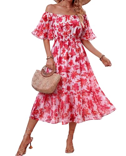VAFOLY Off The Shoulder Dresses for WomenWomens Floral Maxi Boho Dress Short Sleeve Summer Beach Wedding Wrinkle Free Travel Clothes Floral Spring Country Dresses to Wear with Sandals Flower Pink M