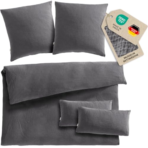 Pure Label Musselin Bettwäsche 5tlg 200x200+2x80x80+2x40x80 Anthrazit – Ansicht 1