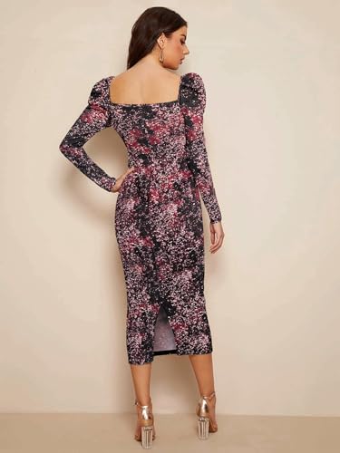 Image of LONDON BELLY Women's Poly Cotton Midi Bodycon Dress with Full Sleeves Sweet Heart Neck Printed Pattern Body Fitted and Calf Length | Women Midi Dress | Casual Party Summer for Womans