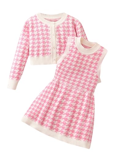 Verdusa Girl's 2 Piece Outfits Houndstooth Sleeveless A Line Short Dress with Button Down Cardigan