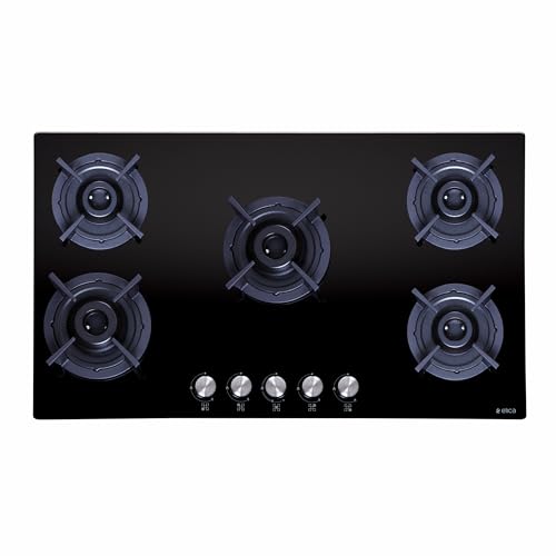 Image of Elica 90cm 5 Burner Auto Ignition Hob | RG FLEXI 590 LOTUS IND HD Brass | SABAF Brass Burners | Built-in & Freestanding | Toughened Black Glass | 10-Year Burner & 5-Year Glass Warranty