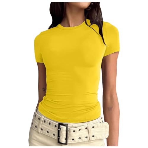 Damen Top Basic Slim Fit Tshirt Enge Y2K Crop Tops Kurzarm Rundhals Y2K...
