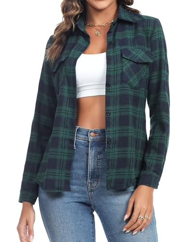 Aottori Damen Baumwolle Hemd Kariertes Karo-Hemd Langarm Button-down...