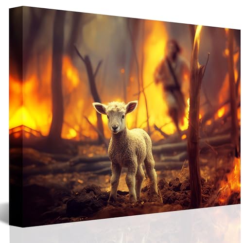 Image of Jesus and Lamb Canvas Wall Art Lamb Lost in the Forest Fire Picture Wall Art Canvas Print Christian Home Decor 12x16 inch