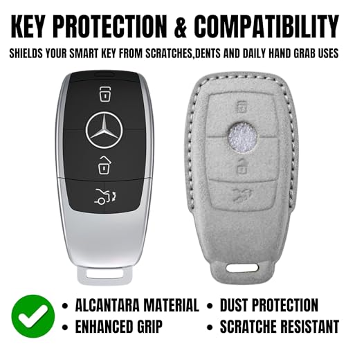 Image of KMH Alcantara Car Key Cover Compatible with Mєrcєdєs W205, E320L, C200, C180, C260, C300 Series Model 3 Buttons Shell Case Holder Full Key Protector Smart Keycover with Keychain, Grey - Pack of 2