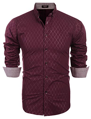 COOFANDY Men's Slim Fit Dress Shirt Long Sleeve Wrinkle Free Business Plaid Button Down Collar Shirt (L, Dark Red)