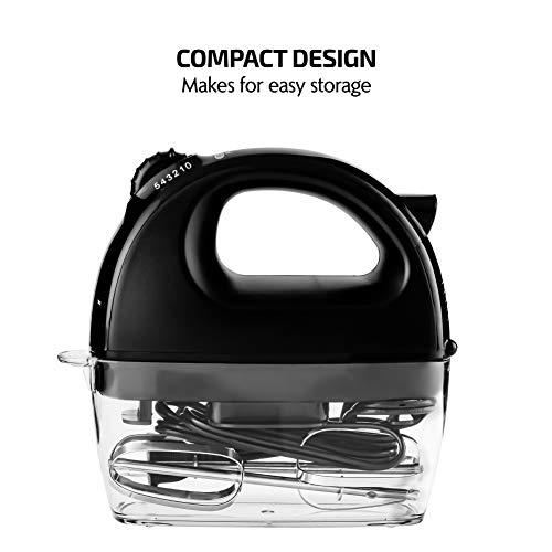 Image of Ovente Portable Electric Hand Mixer 5 Speed Mixing, 150W Powerful Blender for Baking & Cooking with 2 Stainless Steel Chrome Beater Attachments & Snap Clear Case Compact Easy Storage, Black HM161B