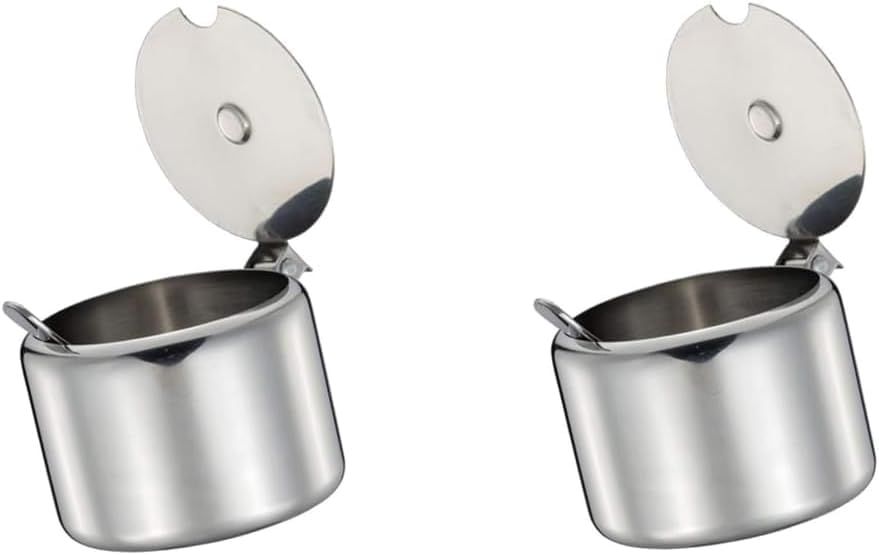 2Pcs Stainless Steel Sugar Bowl Spice Pot Sugar Canister with Spoon - Silver, 285 ml Portable and Useful Economical easoning Jar for Home Kitchen Sugar Bowls