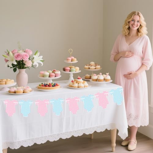 Image of Pre-Strung Blue & Pink Gingham Bodysuit Baby Shower Banner - 8 Double-Sided Onesie Cards- Cute Baby Onesie Decorations for Gender Reveal Party, Baby Shower Decor, Baby Reveal Banner - Gender Reveal Ideas & Decor