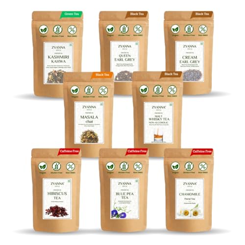Image of Zyanna 8 in 1 Sampler Pack - 80 Pyramid Tea Bags | Butterfly Pea, Hibiscus, Chamomile, Masala Chai, Kahwa, Lady & Cream Earl Grey Malt Whisky | 100% Natural - Assorted Herbal Tea Trial Teabags