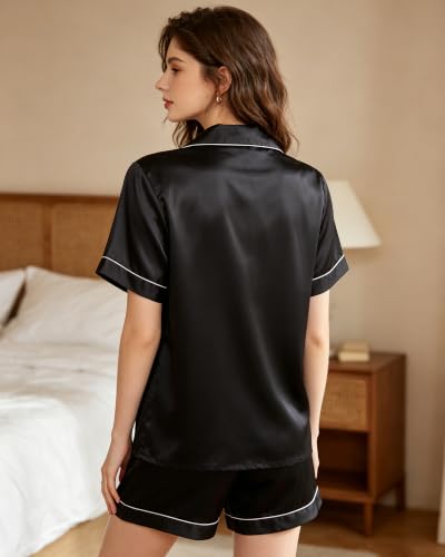 Image of 3 Piece Silk Satin Pajama Set for Women Soft Short Sleeve Button Down Pjs with Shorts Long Pants Sleepwear S-XXXL