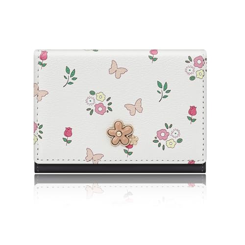 Small Wallets Woman, Cute Tri-fold Flower Wallet for Women, Floral Wallets Credit Card Coin Holder Purse with ID Window for Key Cash Change (Black)