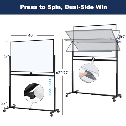 Image of Large Dry-Erase Rolling Magnetic Whiteboard - TSJ OFFICE 48 x 32 Inches Dry Erase Board with Stand Height Adjust Double Sides Mobile White Board Easel on Wheels Office, Home & Classroom