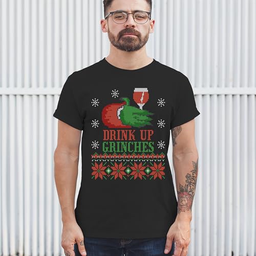 Camiseta masculina Drink Up Grinches Ugly Sweater Christmas Party Drinking, Preto, G