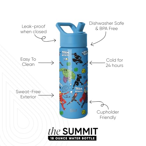 Image of Simple Modern Kids Summit Water Bottle with Straw Lid | Marvel Avengers 18oz Stainless Steel Cup Insulated Tumbler for Boys, School | Avengers Heroes