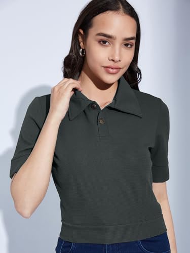Image of Selvia Women's Textured Lycra Solid T-Shirt
