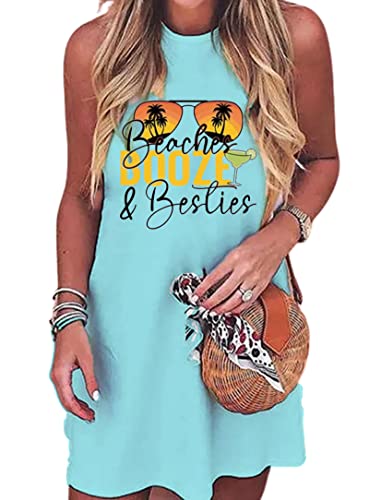 Vestido curto sem mangas com design de árvore de coco para mulher, casual, verão, praia, férias, treino, vestido sem mangas, Ciano, S