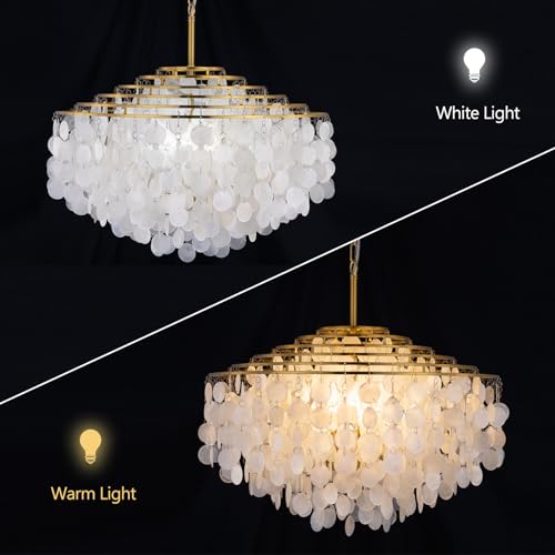TOCHIC Capiz Shell Chandelier, 6 Lights Gold Coastal Light Fixture, Modern Chandelier for Dining Room, Round Layered Boho Pendant Light for Bedroom, Living Room, Foyer, Brass, 23.62" - Image 8