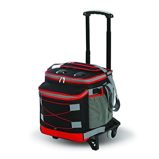 Picnic Plus Bluetooth Music Rolling Cooler by with 2 Speakers, Detachable Trolley, Rechargeable Power Pack, Holds up to 48 Cans. Folds Flat for Storage (Black/Red)